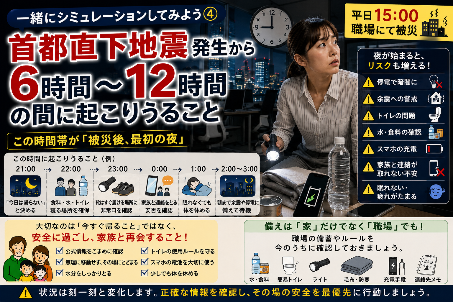 【一緒にシミュレーションしてみよう④】首都直下地震発生から6～12時間｜平日15時に職場で被災…最初の夜に何が起こる？