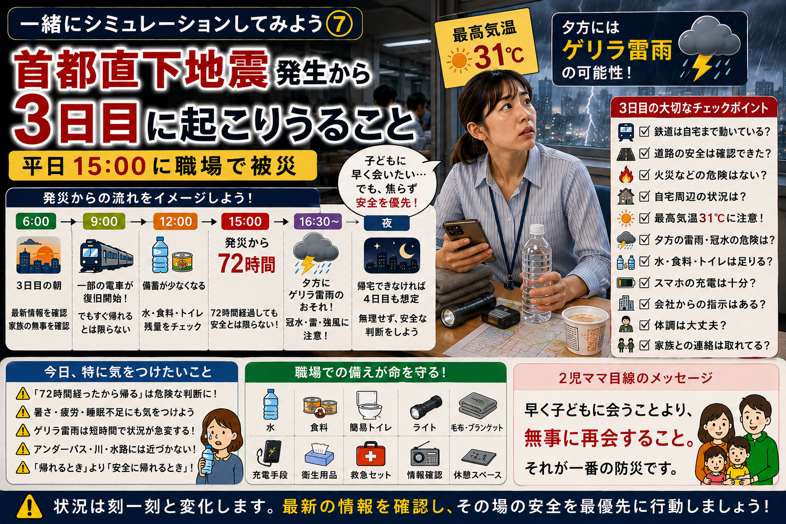 【一緒にシミュレーションしてみよう⑦】首都直下地震「発災3日目」に起こりうること|最高気温31℃・夕方にゲリラ雷雨…72時間後は帰れる?