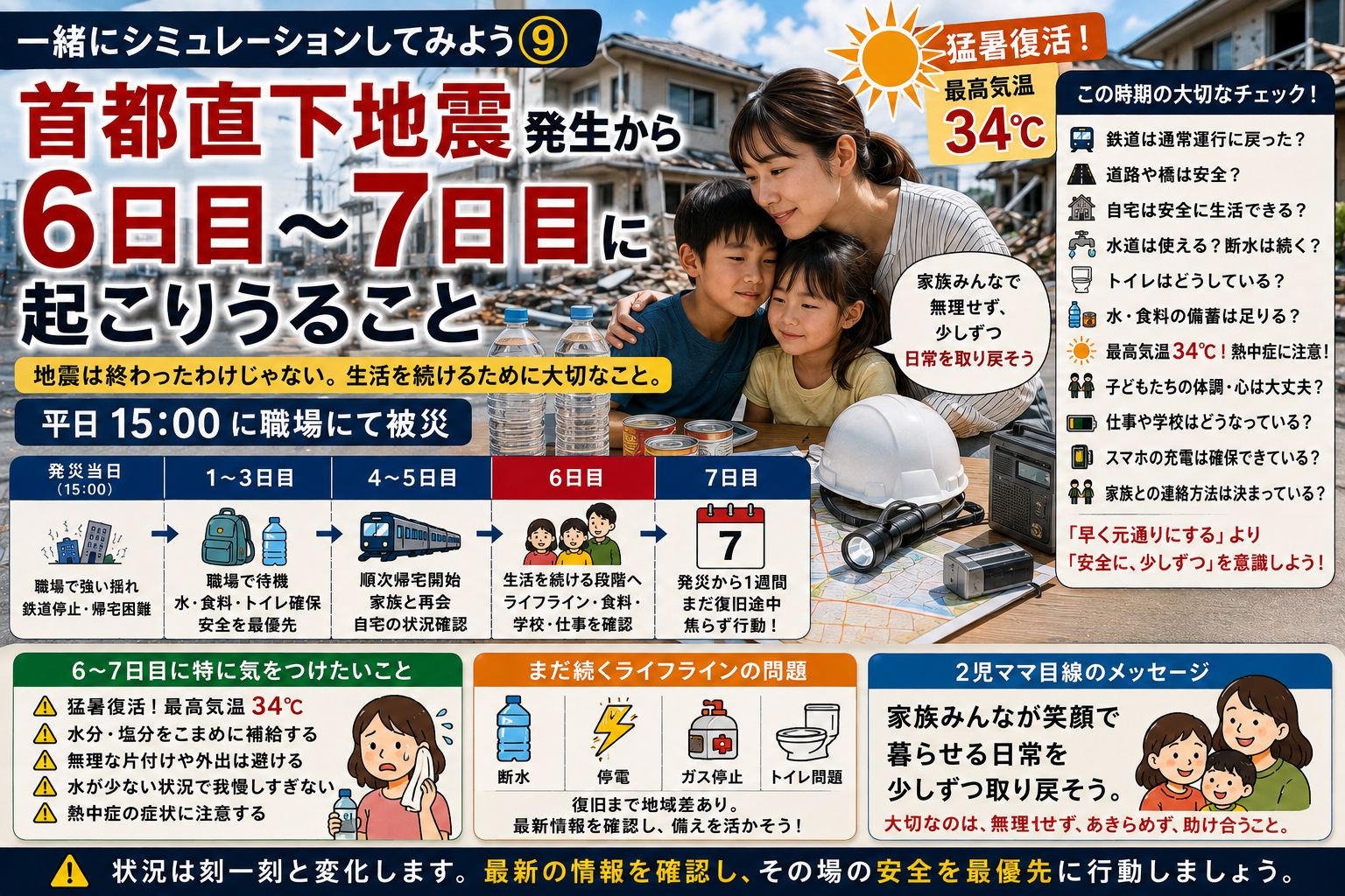 【一緒にシミュレーションしてみよう⑨】首都直下地震「発災6~7日目」に起こりうること|猛暑復活・最高気温34℃…1週間後の生活は?