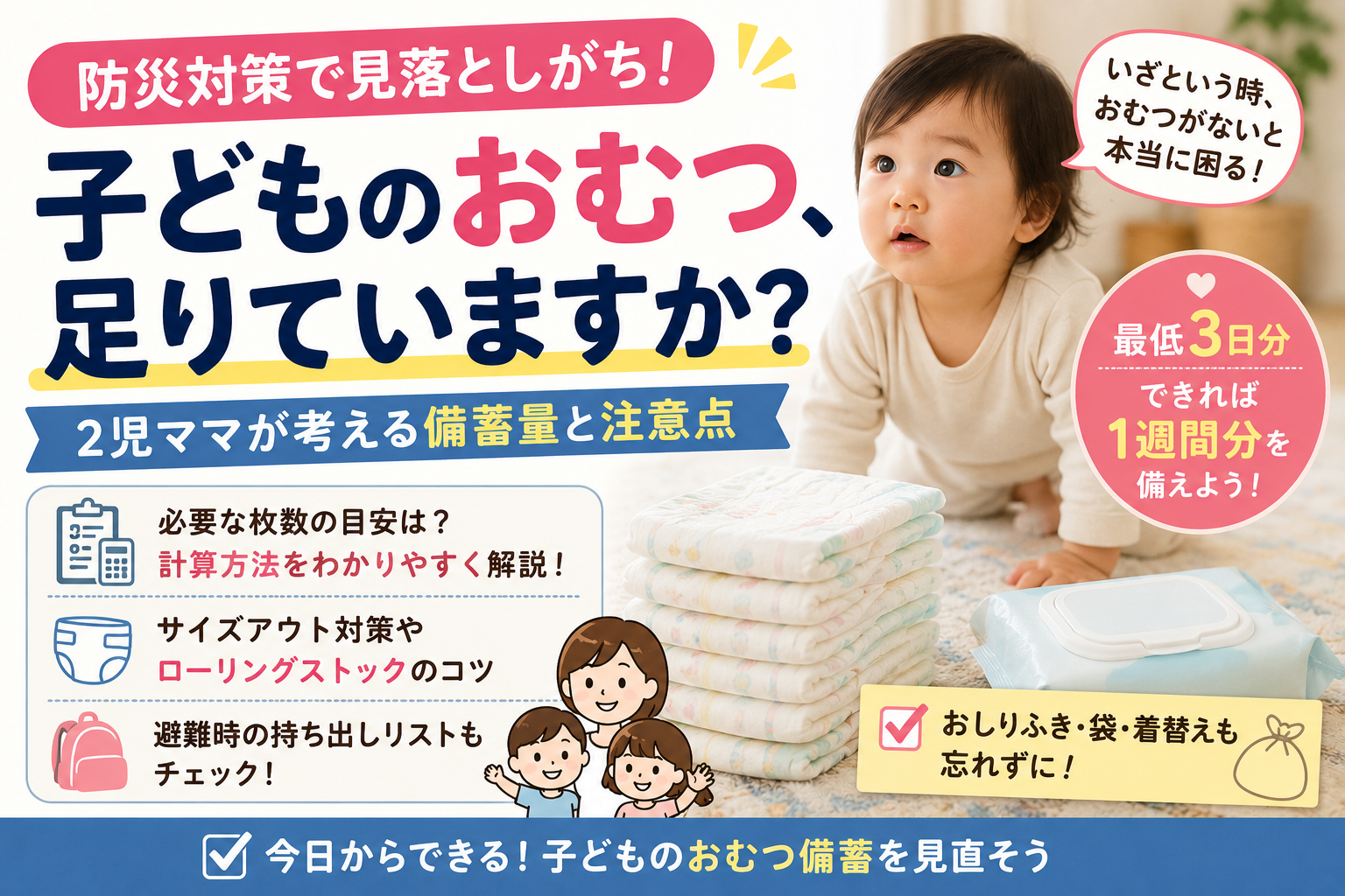 【防災対策】子どものおむつ、足りていますか?災害時に困らないために2児ママが見直したい備蓄量と注意点