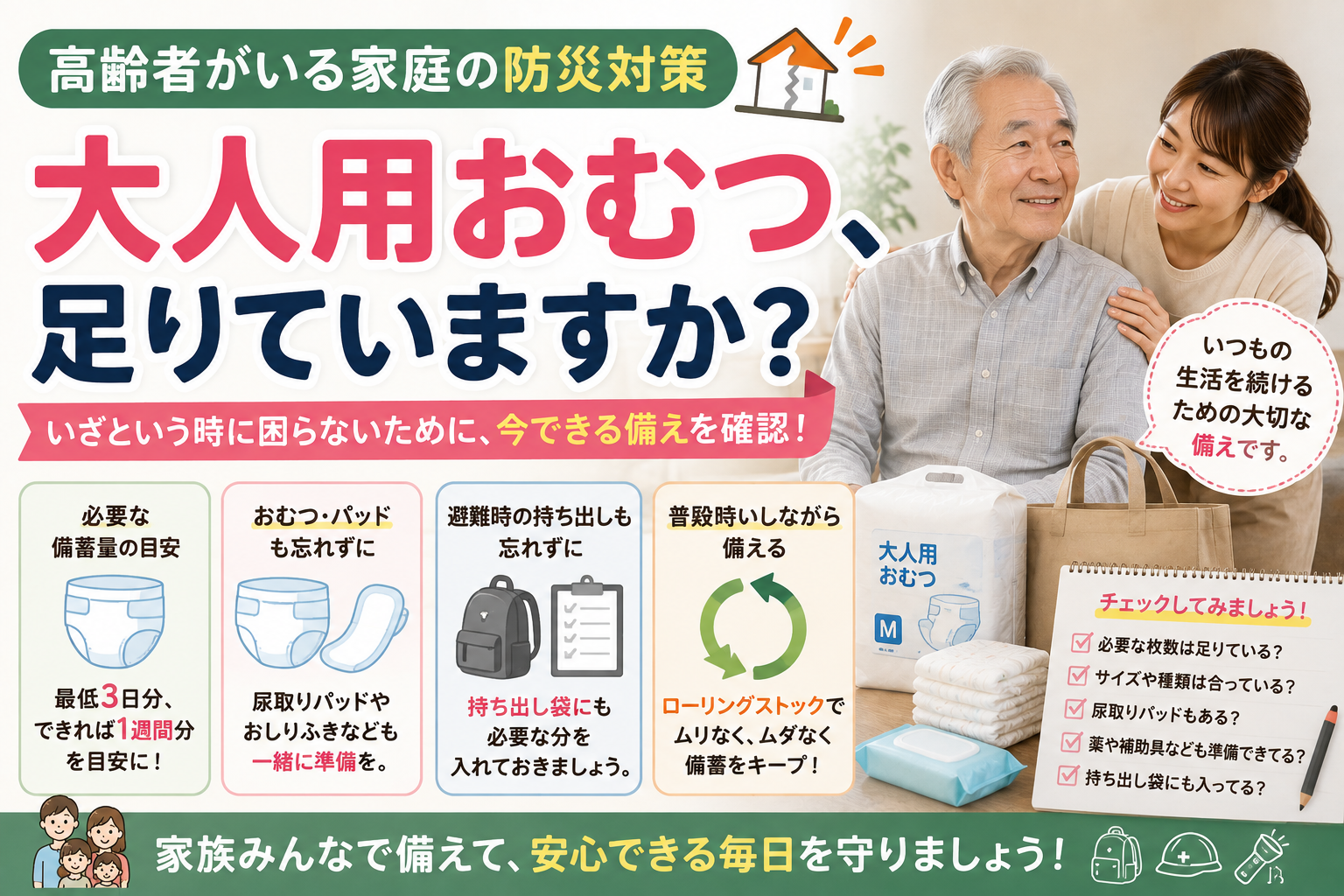 【高齢者の防災】大人用おむつ、足りていますか?災害時に困らないために家族で見直したい備蓄量と介護用品