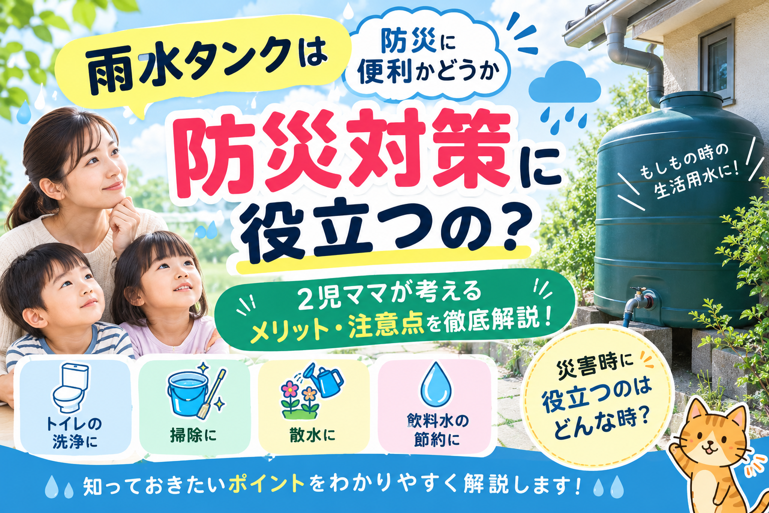 【雨水タンクは防災に便利?】断水時の生活用水に役立つ?2児ママ目線でメリット・注意点を解説