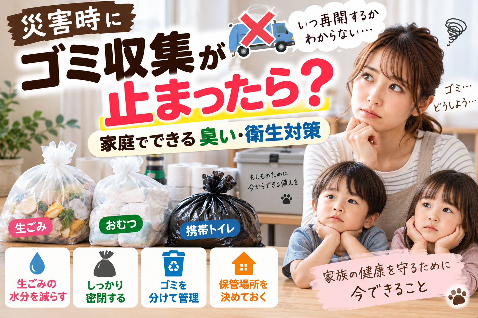 【災害時にゴミ収集が止まったら?】生ごみ・おむつ・携帯トイレの臭い&衛生対策を2児ママ目線で解説