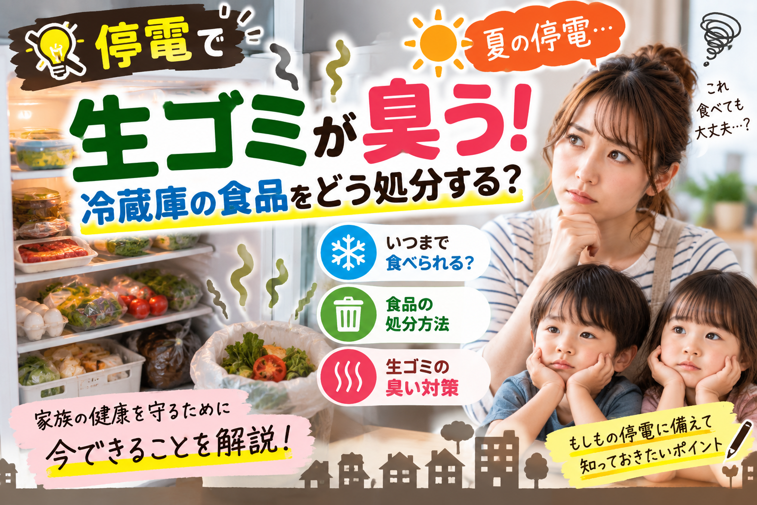 【夏の停電で生ゴミが臭う!】冷蔵庫の食品はいつ捨てる?腐敗・食中毒・ゴミの臭い対策を2児ママ目線で解説