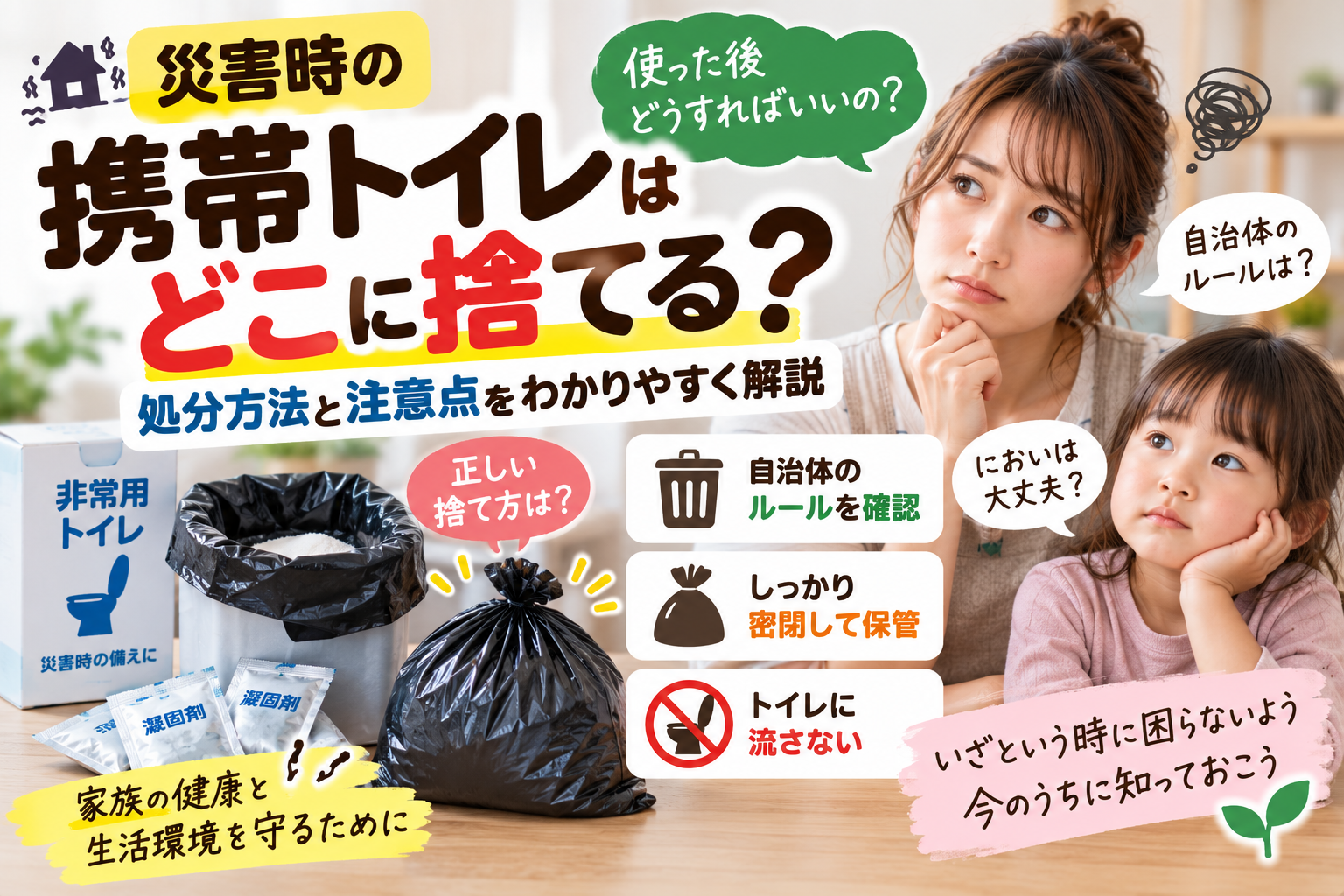 【携帯トイレはどこに捨てる?】災害時の処分方法・ゴミの出し方・保管時の注意点を2児ママ目線で解説