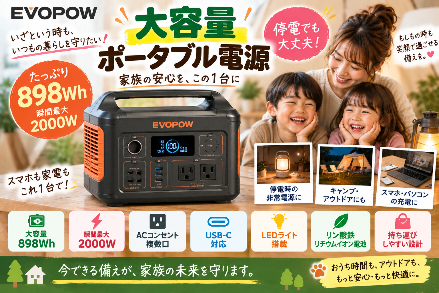 【停電対策に898Wh】EVOPOWポータブル電源を2児ママ目線で紹介|瞬間最大2000W・防災・車中泊にも