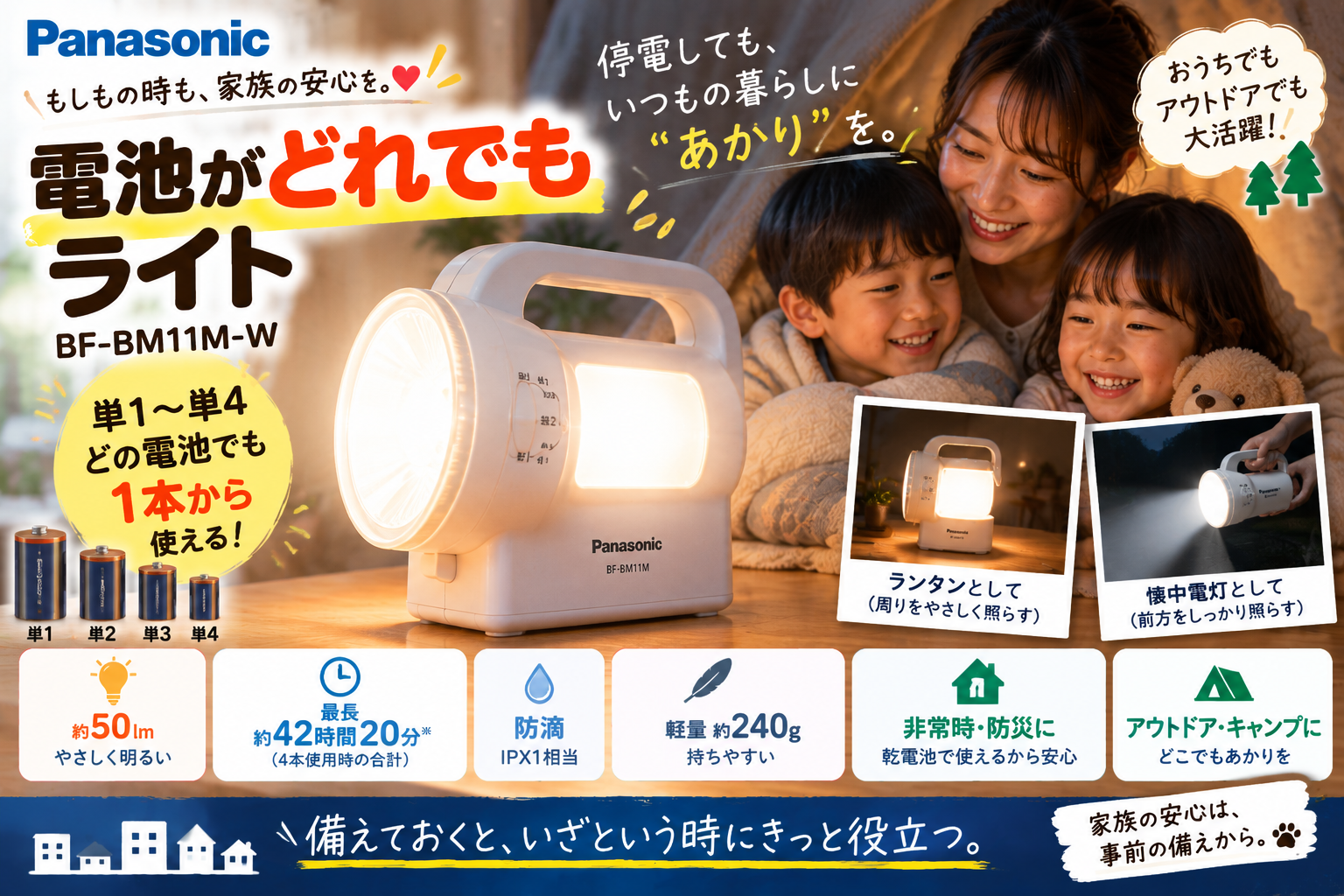 【停電対策に】パナソニック「電池がどれでもライト BF-BM11M-W」を2児ママ目線で紹介|単1〜単4どれでも1本で使える