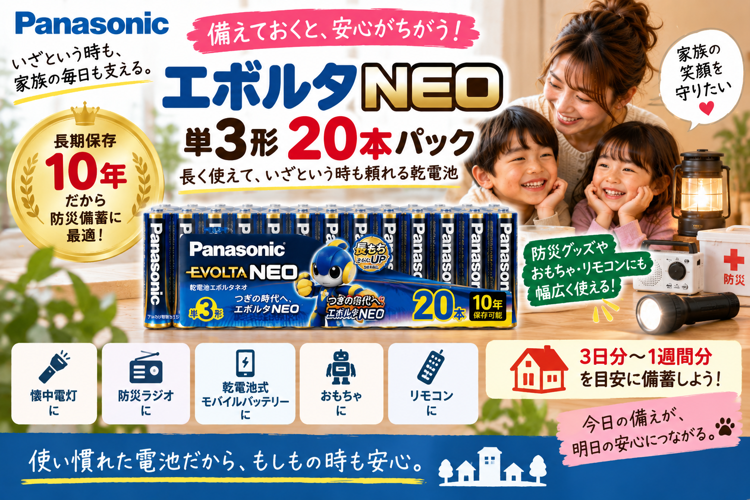 【防災用の単3乾電池をまとめて備蓄】パナソニック「エボルタNEO 20本パック」を2児ママ目線で紹介|10年保存で停電対策に