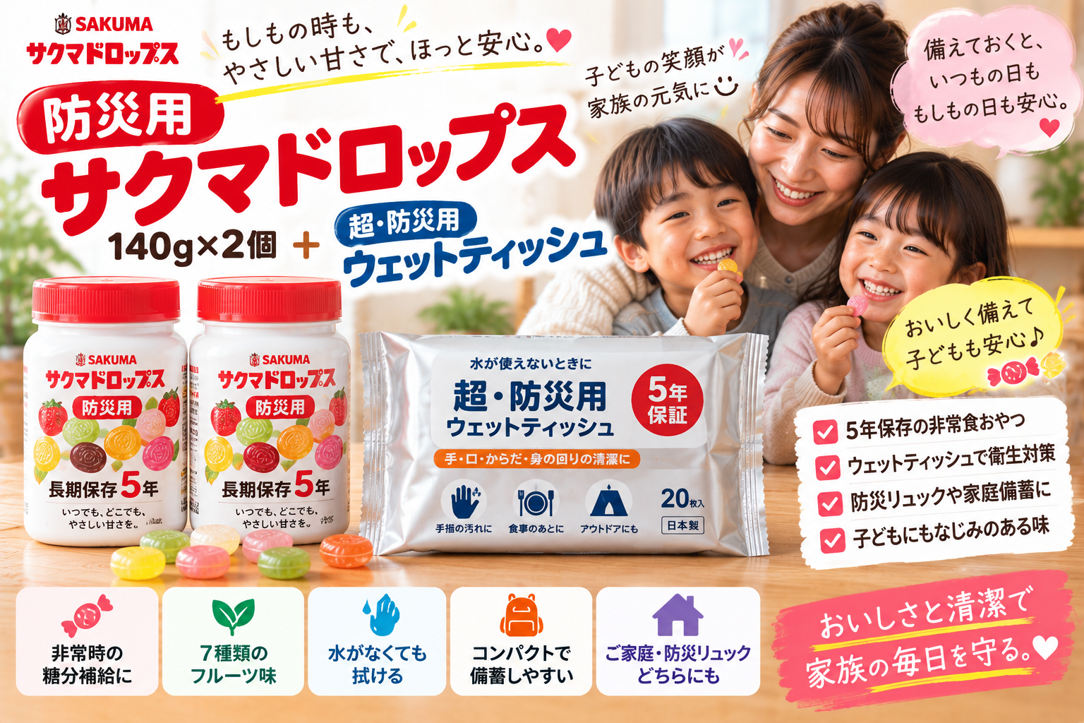 【5年保存の防災おやつ】サクマドロップス140g×2+防災ウェットティッシュセットを2児ママ目線で紹介|非常時の糖分補給と衛生対策に