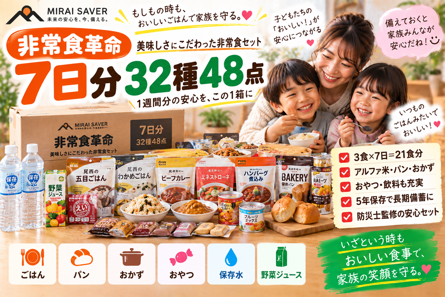 【非常食7日分】MIRAI SAVER「非常食革命」32種48点を2児ママ目線で紹介|1週間の防災備蓄に