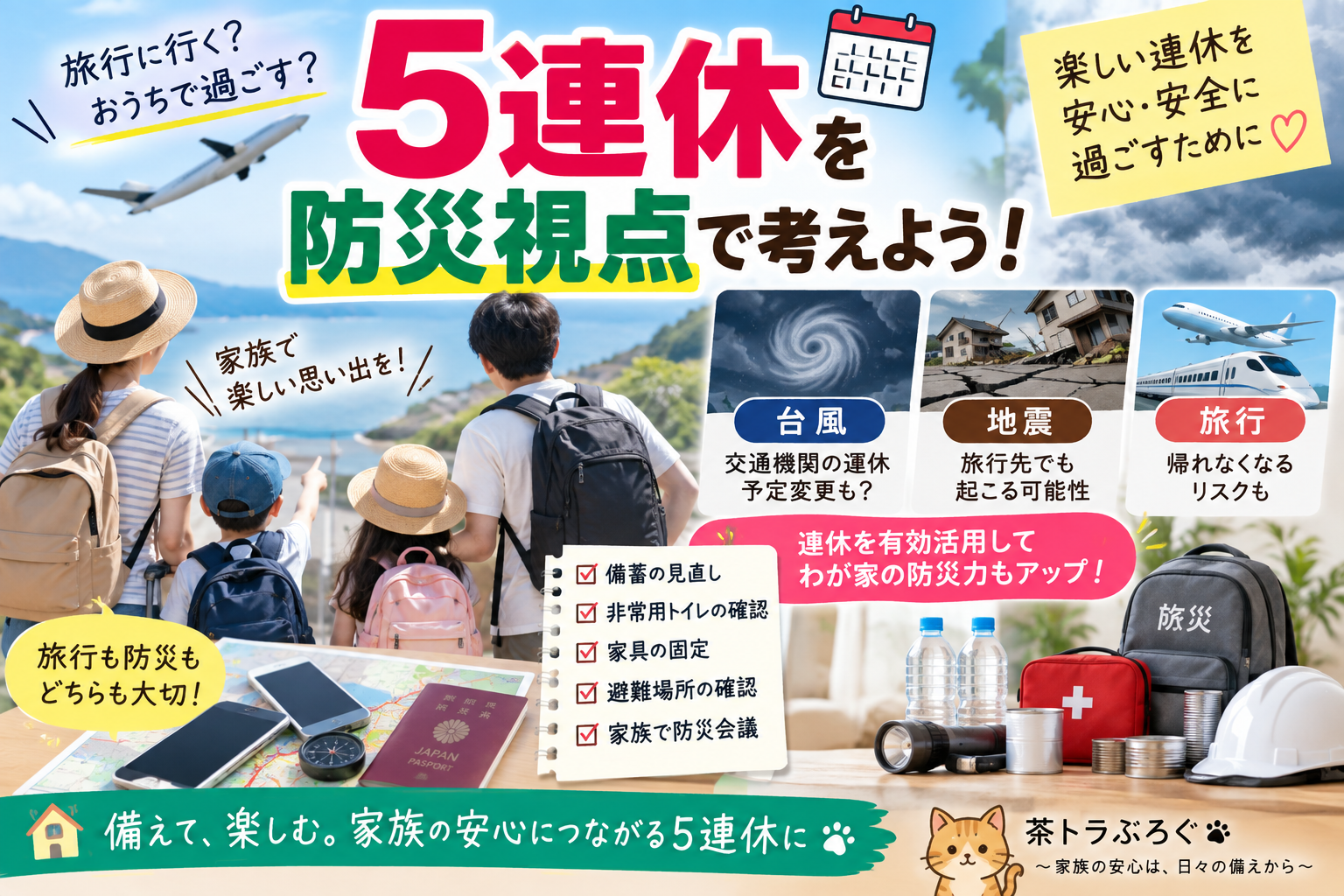 5連休を防災目線で考える!旅行・台風・地震の注意点と休み中にやっておきたい防災対策