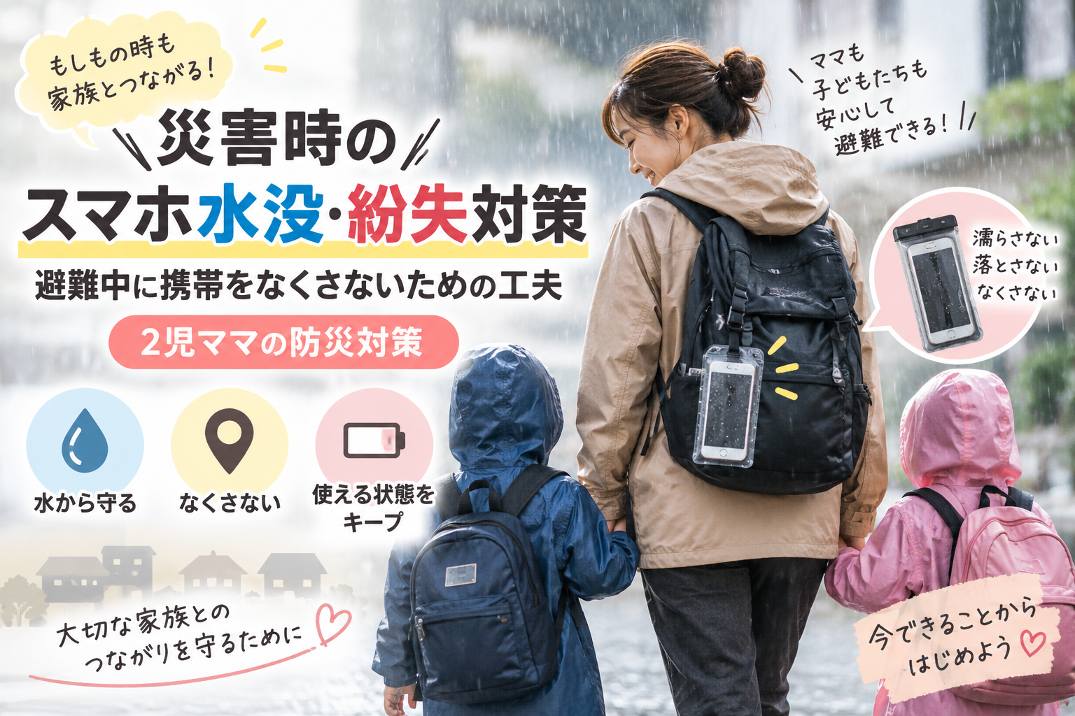 【災害時のスマホ水没・紛失対策】避難中に携帯をなくさないための工夫|2児ママの防災対策