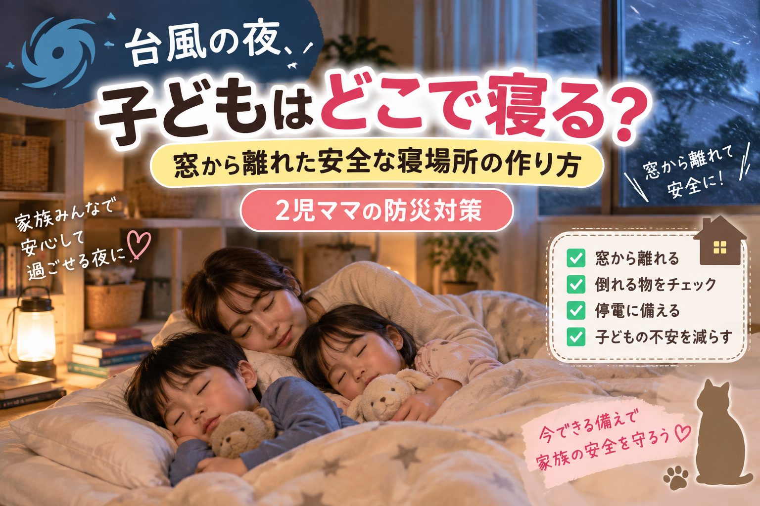 【台風の夜、子どもはどこで寝る?】窓から離れた安全な寝場所の作り方|2児ママの防災対策