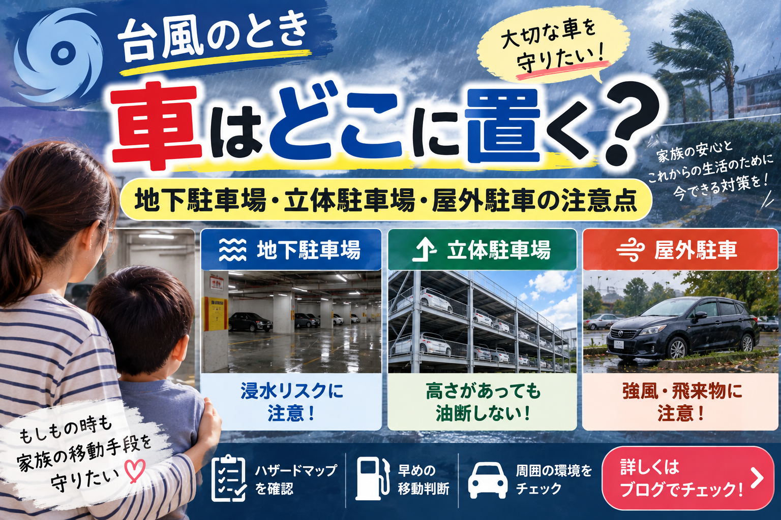 【台風のとき車はどこに置く?】地下駐車場・立体駐車場・屋外駐車の注意点|車を守る台風対策