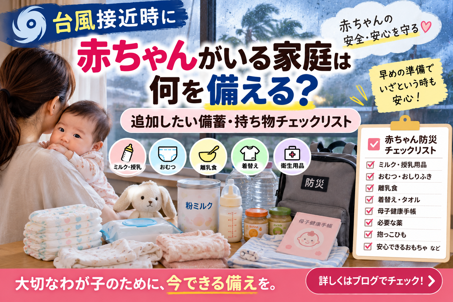 【台風接近時、赤ちゃんがいる家庭は何を備える?】追加したい備蓄・持ち物チェックリスト|2児ママの防災対策