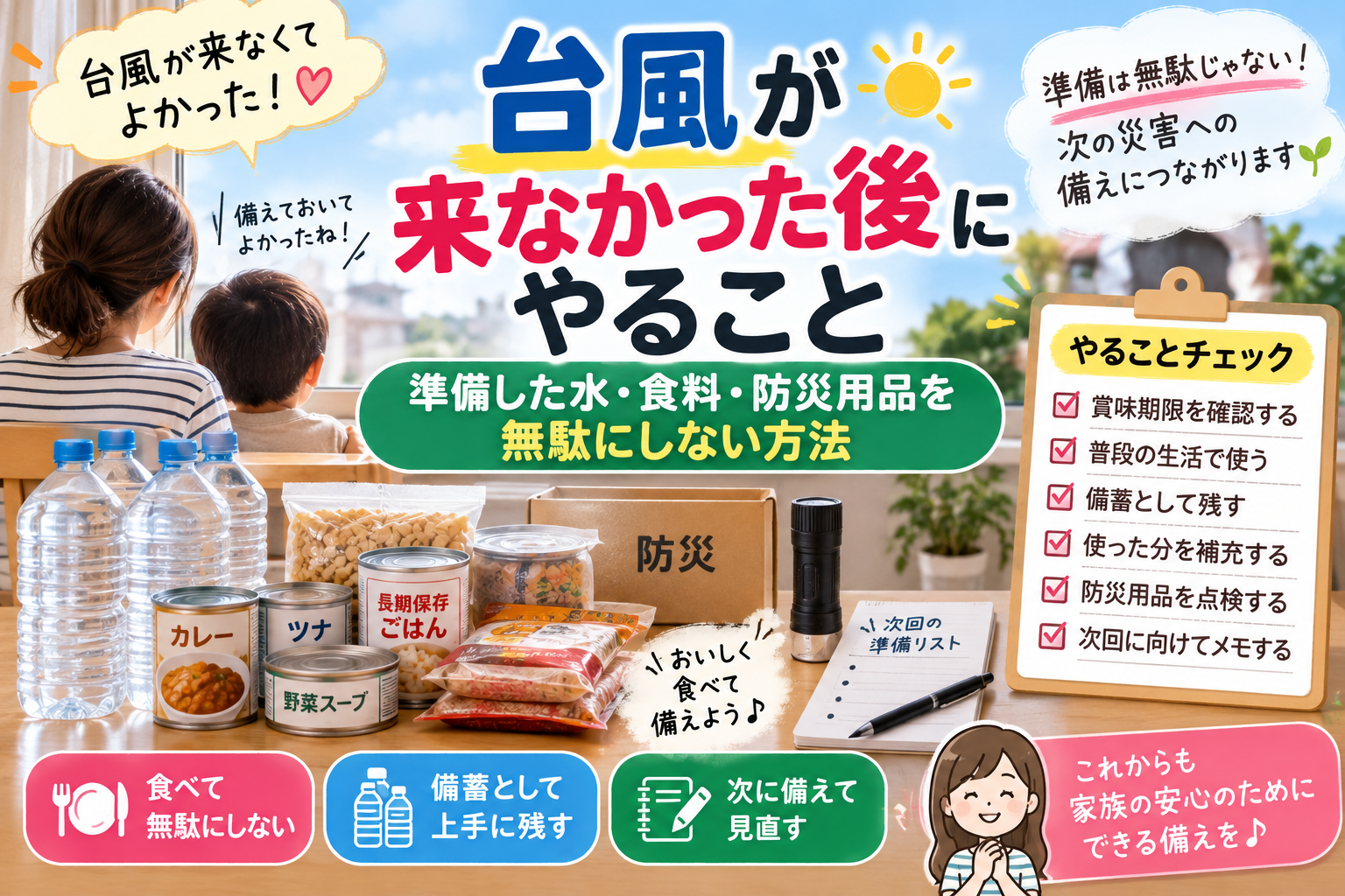 【台風が来なかった後にやること】準備した水・食料・防災用品を無駄にしない方法|2児ママの防災整理術