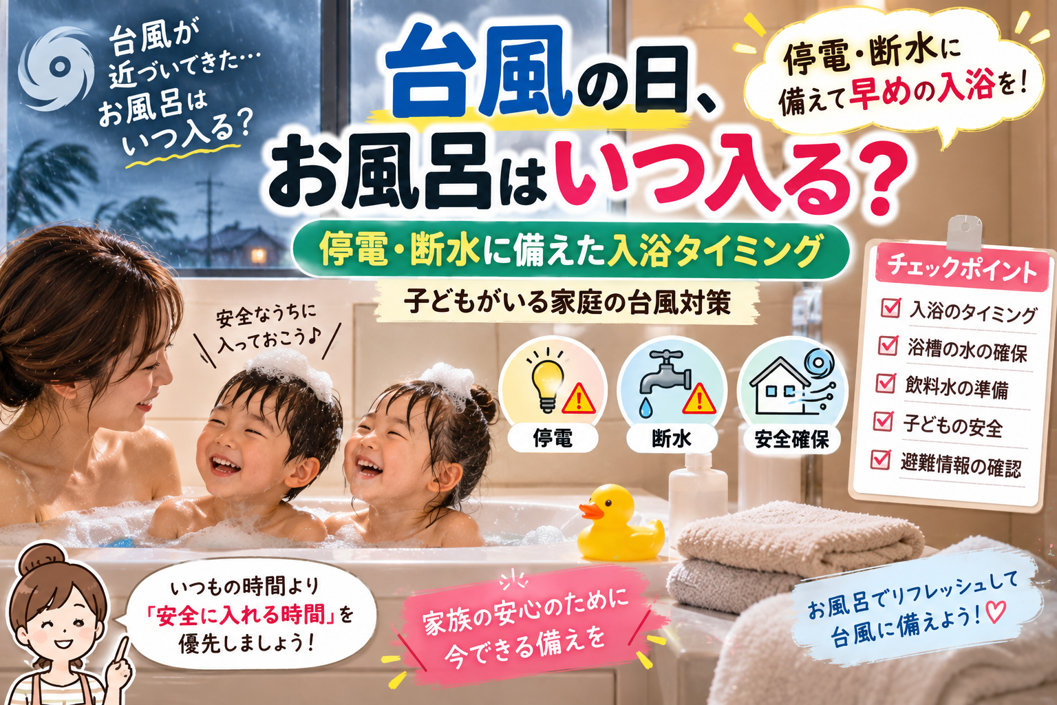 【台風の日、お風呂はいつ入る?】停電・断水に備えた入浴タイミング|子どもがいる家庭の台風対策