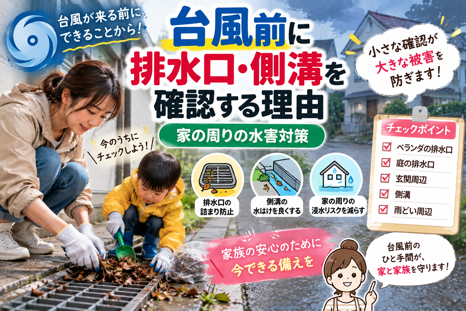【台風前に排水口・側溝を確認する理由】家の周りの浸水を防ぐ水害対策|2児ママの防災チェック