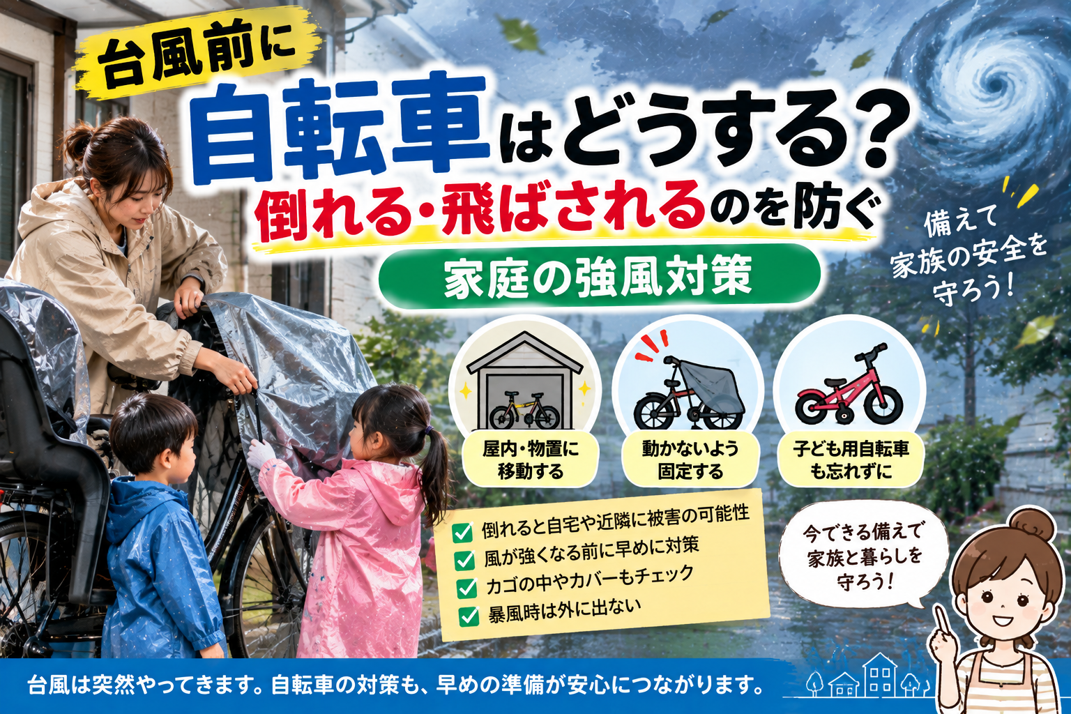 【台風前に自転車はどうする?】倒れる・飛ばされるのを防ぐ家庭の強風対策|2児ママの防災チェック