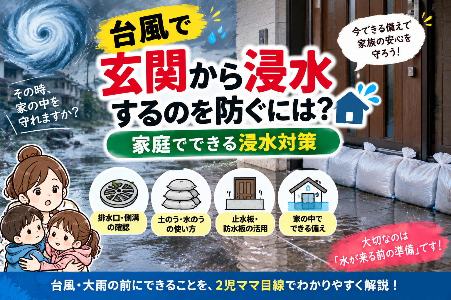 【台風で玄関から浸水するのを防ぐには?】家庭でできる浸水対策|水のう・土のうの使い方も解説