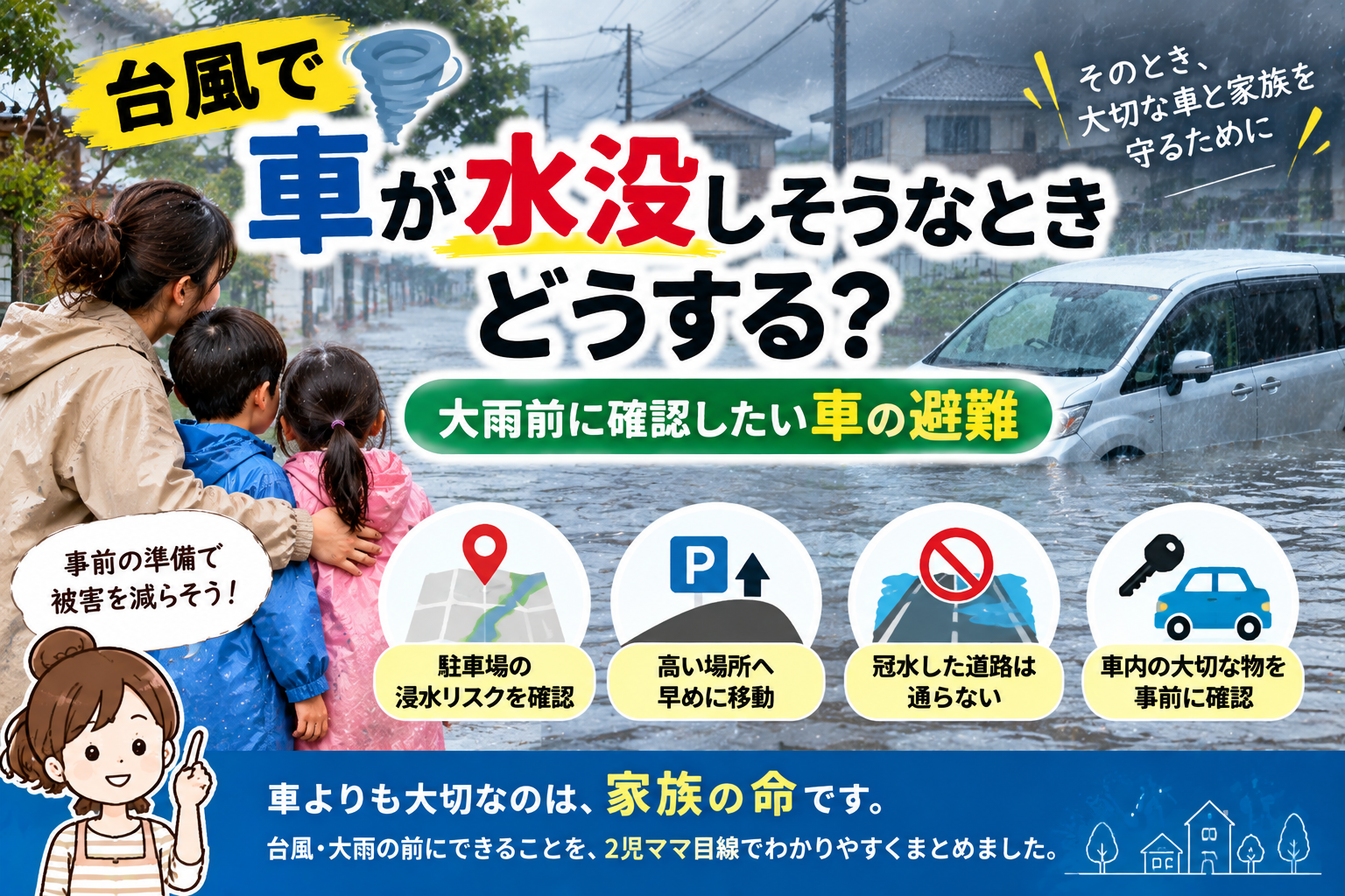 【台風で車が水没しそうなときどうする?】大雨前に確認したい車の避難と安全な移動方法