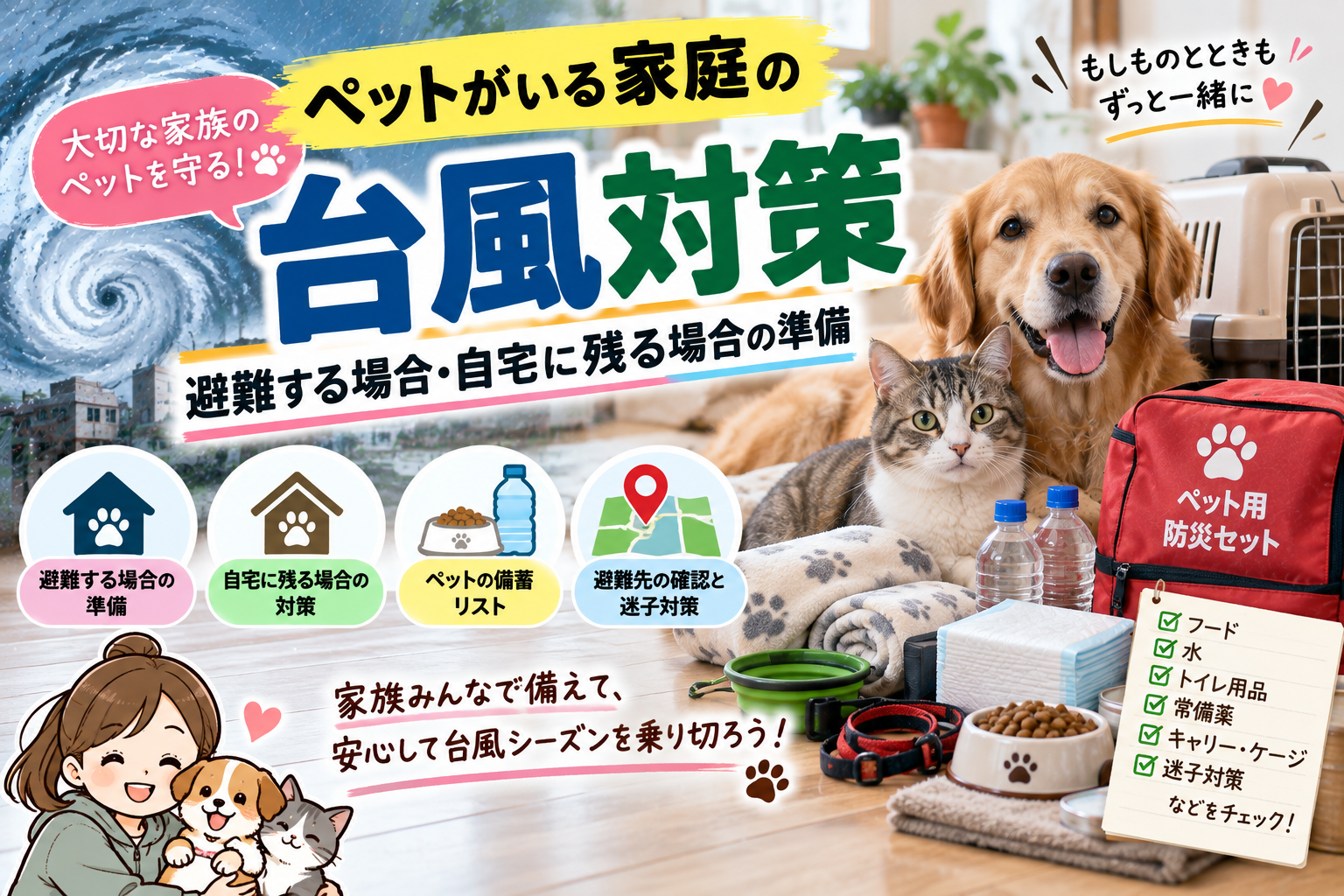 【ペットがいる家庭の台風対策】避難する場合・自宅に残る場合の準備|犬・猫を守る防災チェックリスト