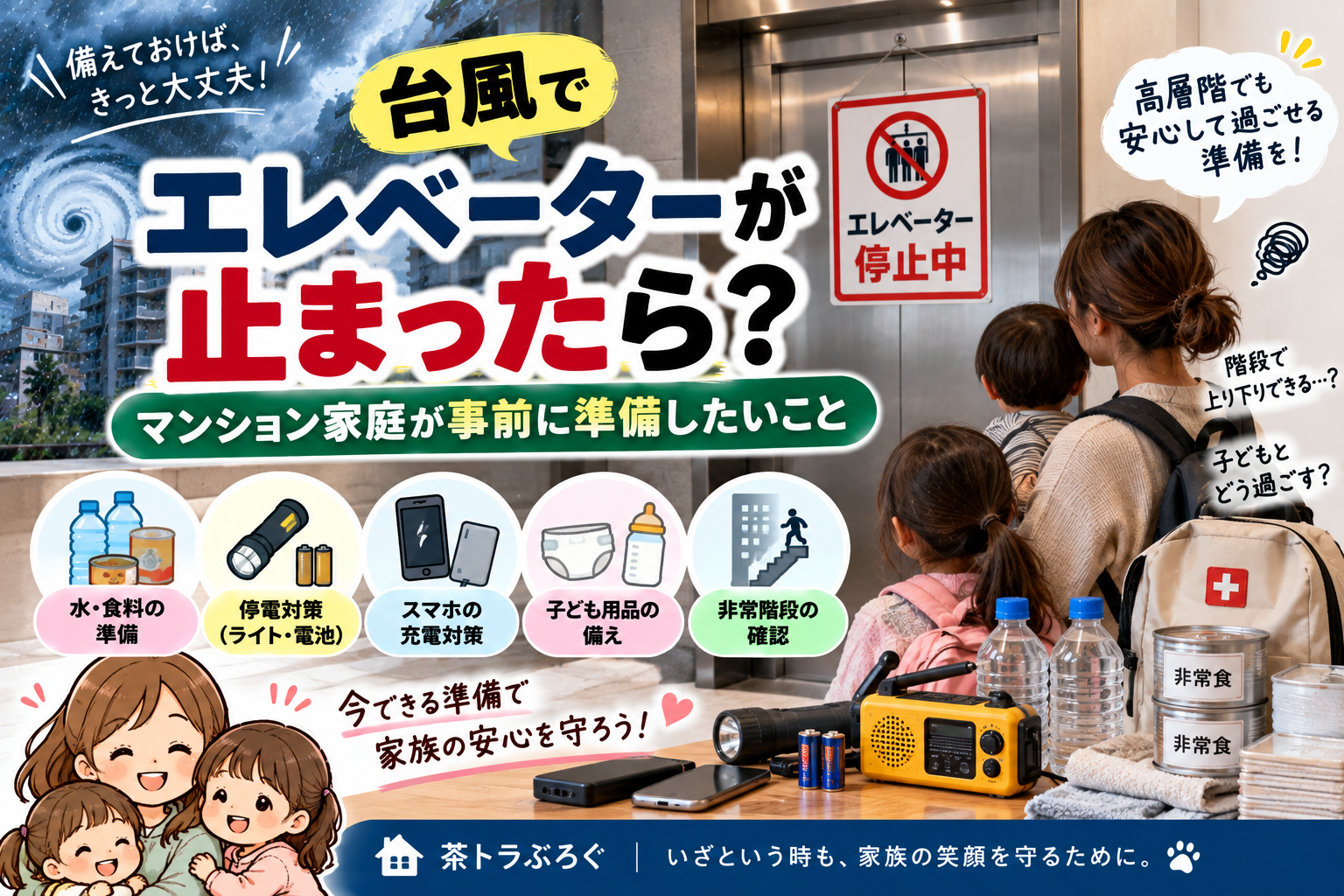 【台風でエレベーターが止まったら?】マンション家庭が事前に準備したいこと|2児ママの停電・防災対策