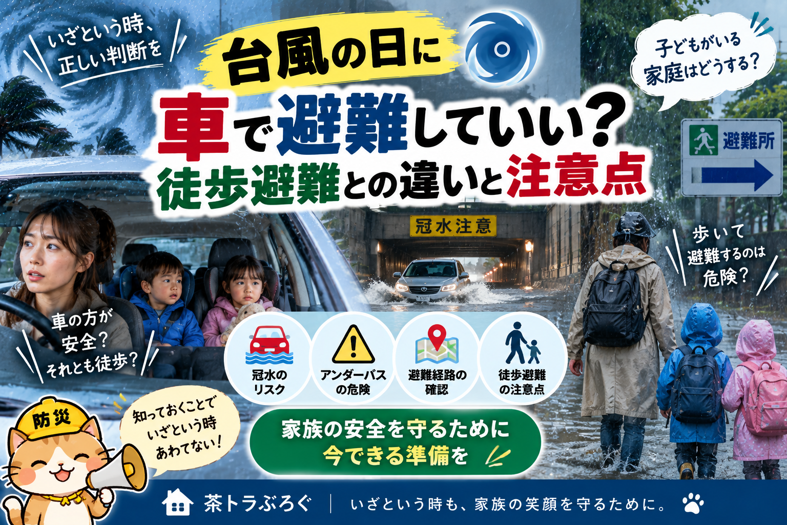 【台風の日に車で避難していい?】徒歩避難との違いと注意点|子どもがいる家庭の大雨・水害対策