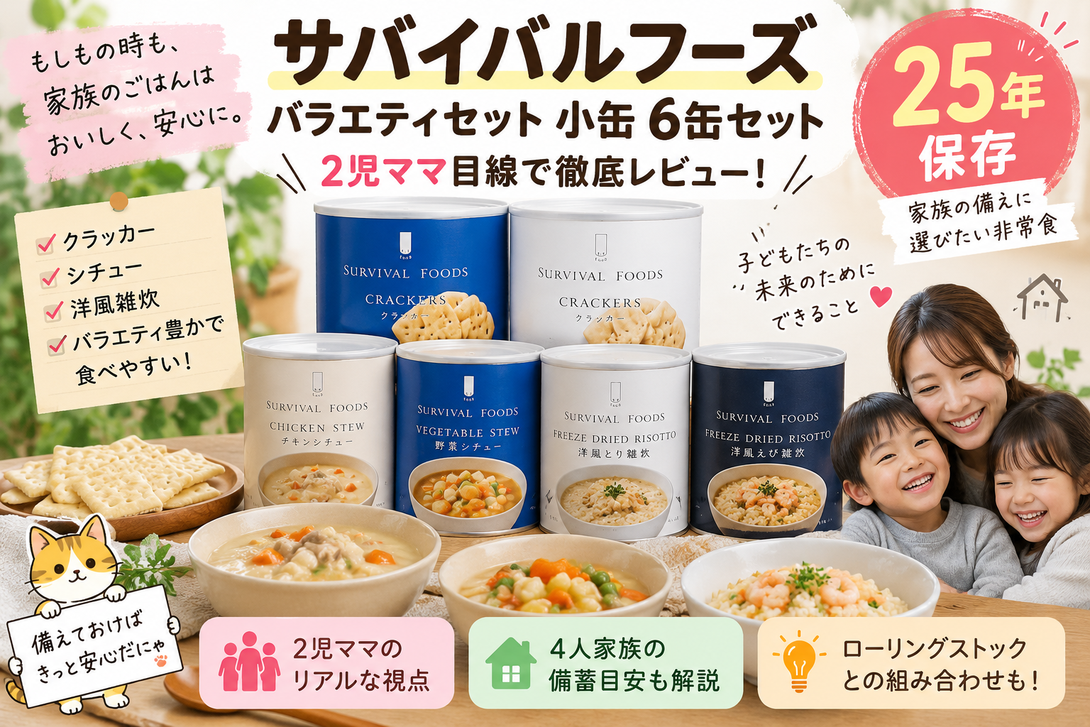 【25年保存】サバイバルフーズ小缶バラエティセットを2児ママ目線で紹介|6缶セットの非常食