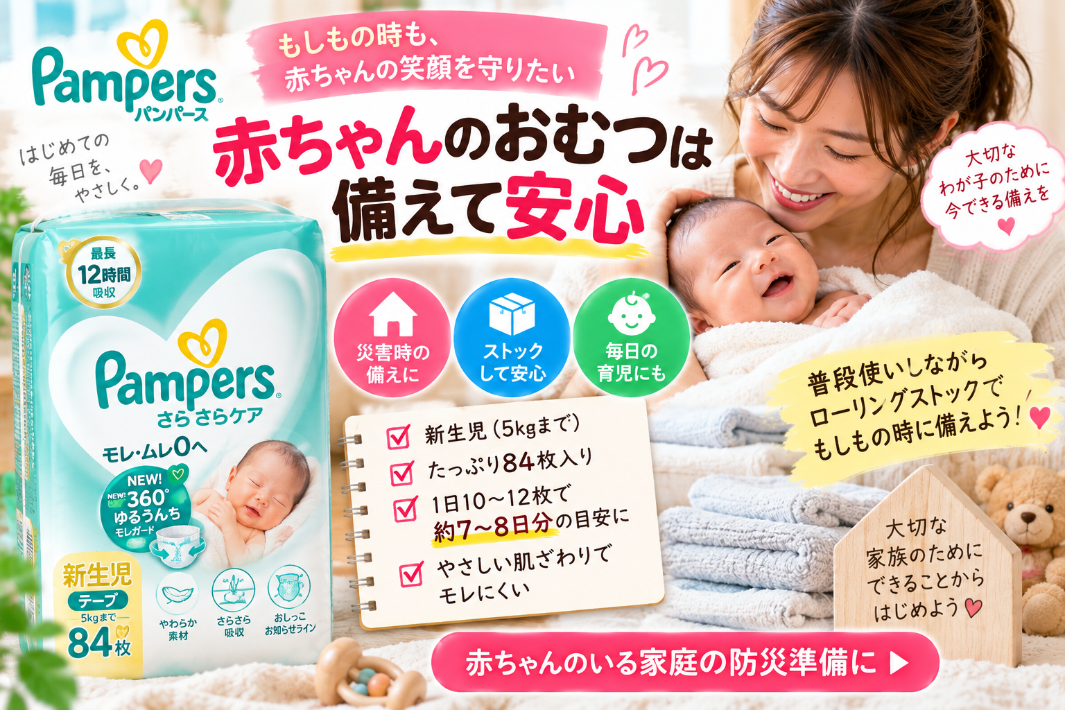 【新生児の防災おむつ】パンパース さらさらケア84枚を2児ママ目線で紹介｜災害時は何日分になる？
