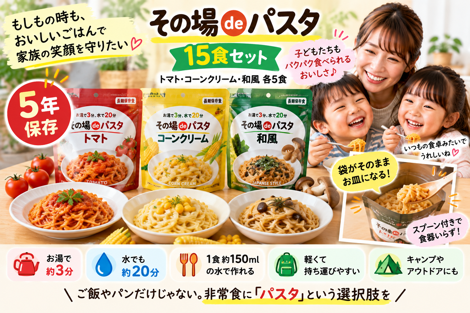 【非常食にパスタという選択肢】その場deパスタ15食セットを2児ママ目線で紹介|5年保存・水でも作れる